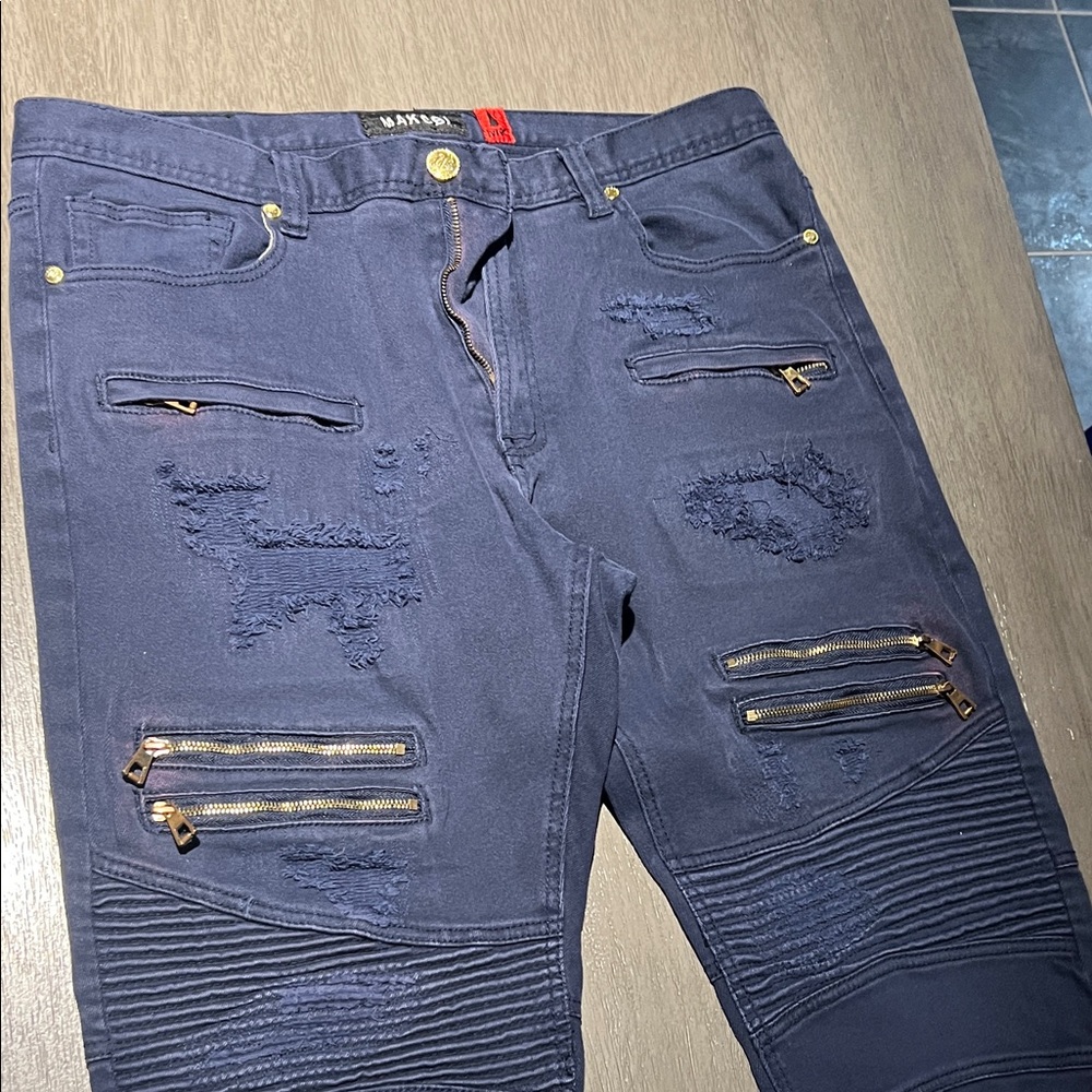 Makobi Dark Blue Distressed Jeans with Zipper Accents